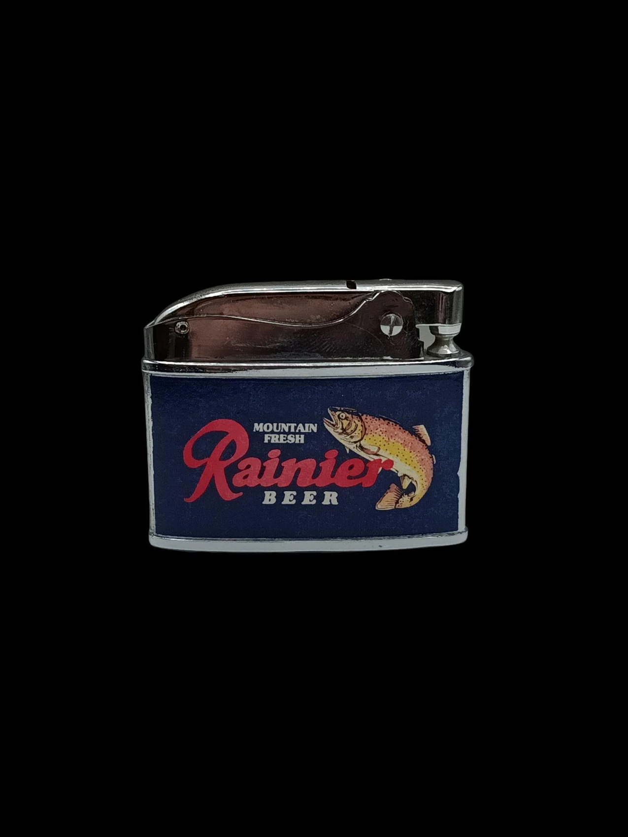 Rainier Beer – Mountain Fresh Trout Logo (Blue Background) back archival photograph